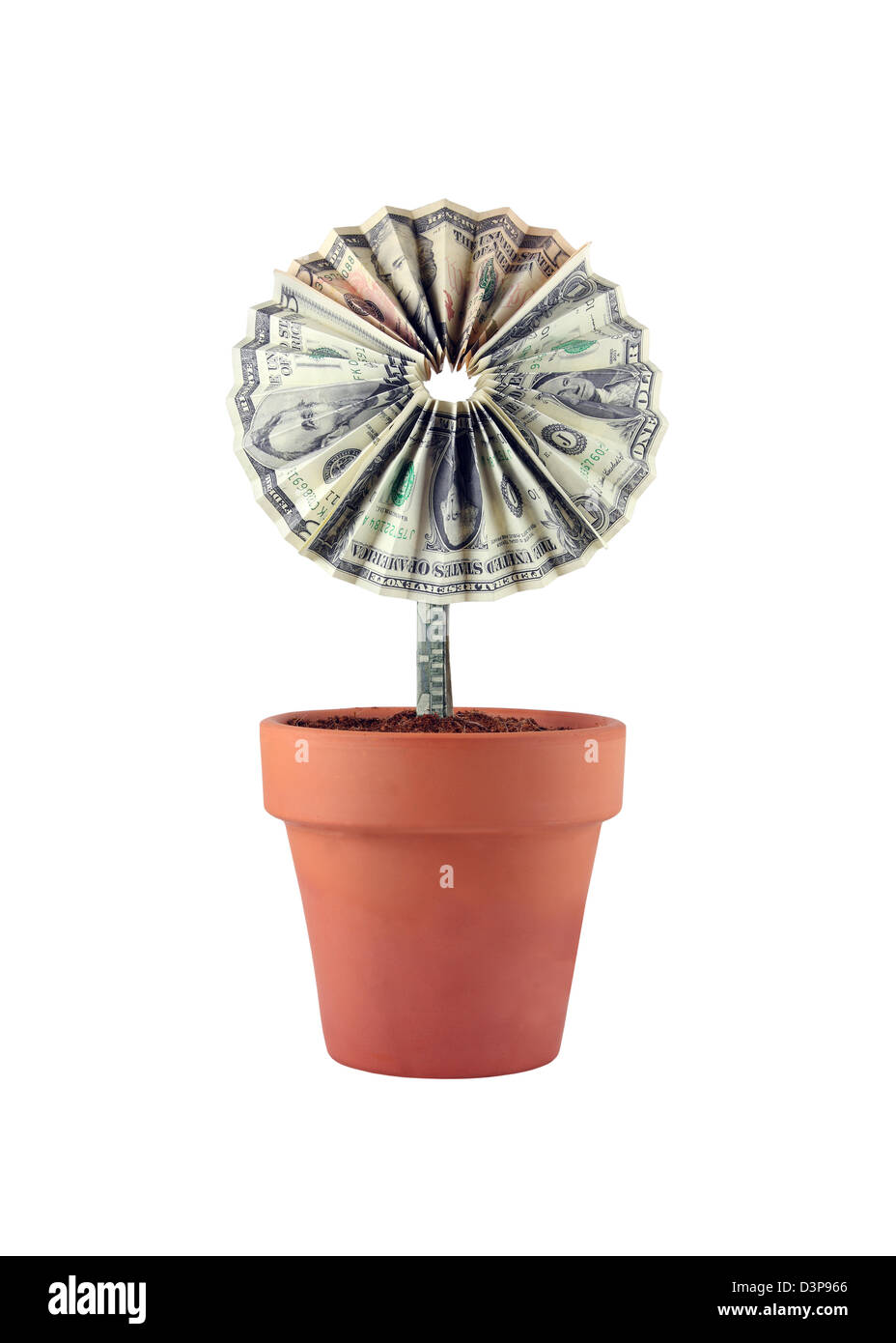 A flower made out of 1, 5, 10, and 20 dollar bills growing out of a flower pot. Stock Photo