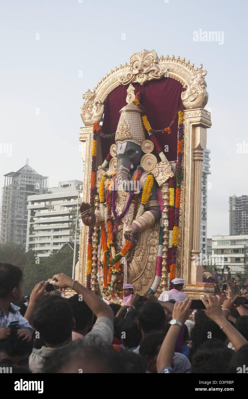 Idol of Lord Ganesha representing Lord Balaji of Tirupati at immersion ceremony, Mumbai, Maharashtra, India Stock Photo