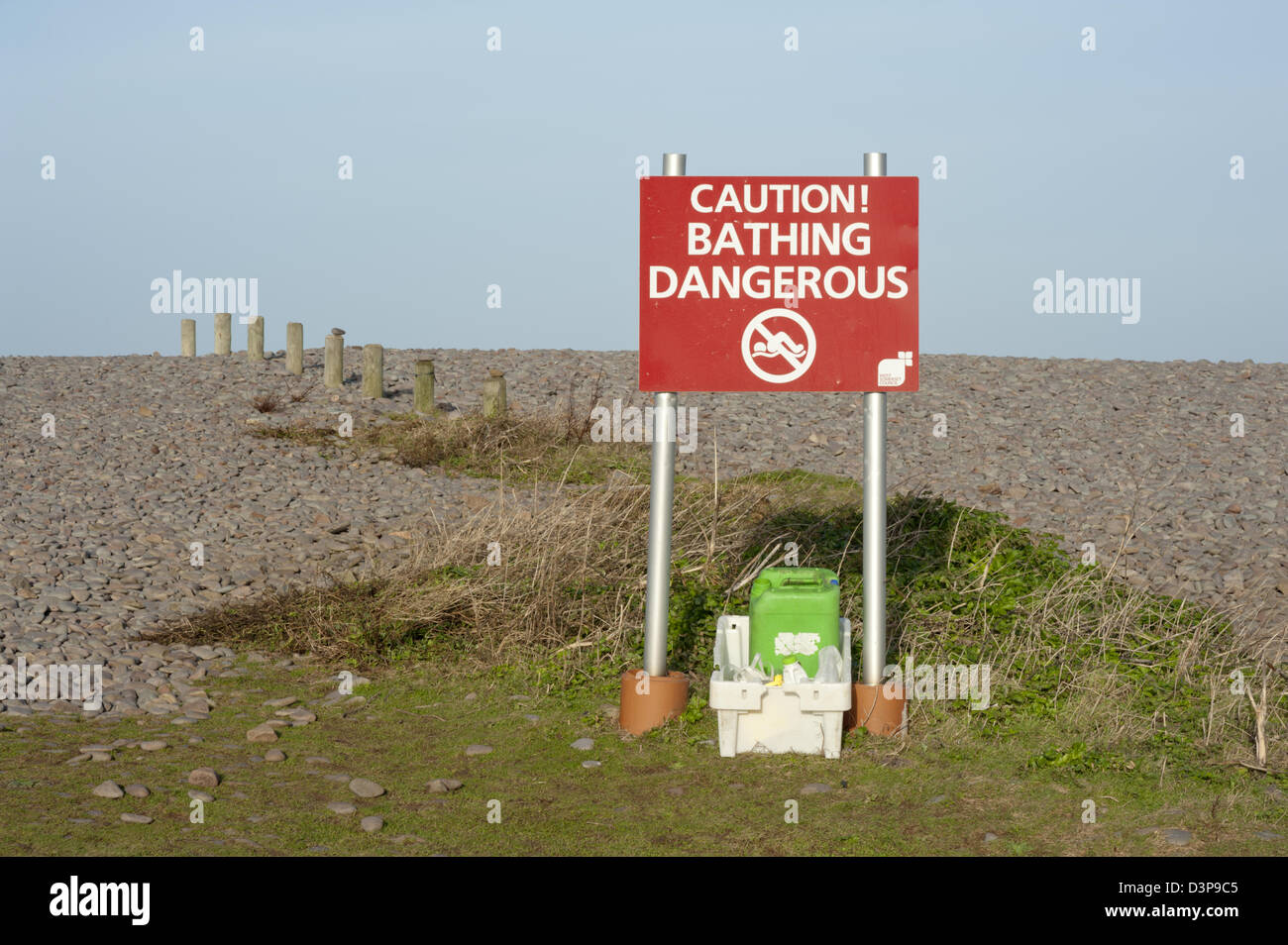 Danger warning sign on the beach at Bossington, Allerford, Minehead, West Somerset, England, UK Stock Photo