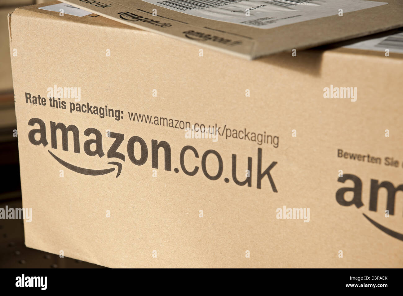 Close up of Amazon logo box delivery online home shopping
