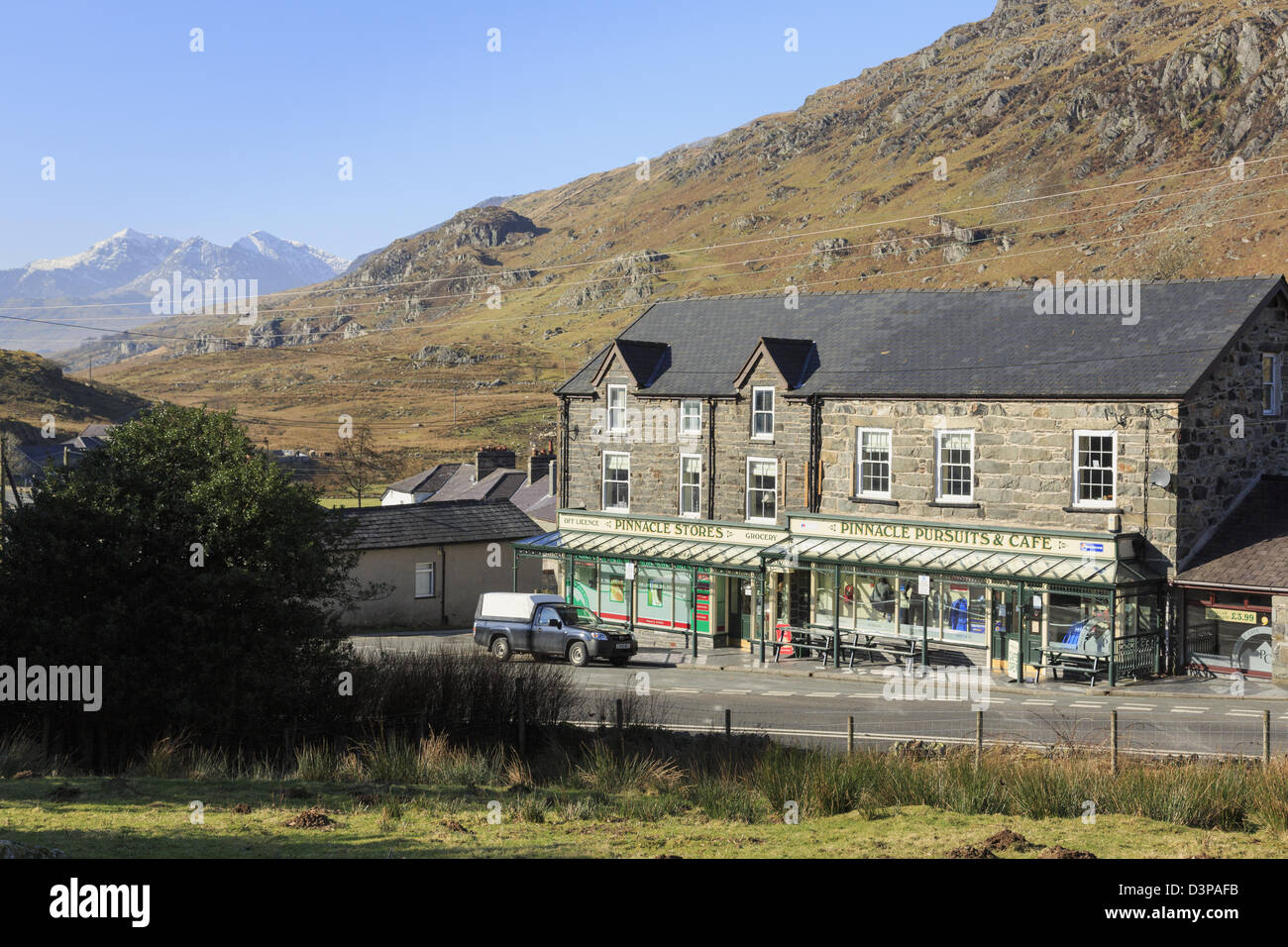 Pinnacle Stores and cafe in Snowdonia National Park, Capel Curig, Conwy, North Wales, UK, Britain Stock Photo
