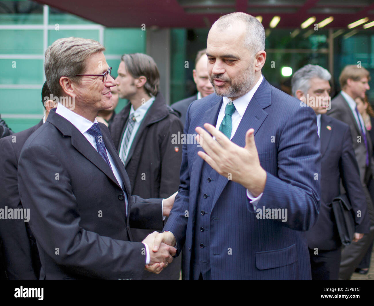 HANDOUT: Tirana, Albania. 22nd February 2013.  A handout picture shows German Foreign Minister Guido Westerwelle (FDP, L) meeting the leader of the Albanian Socialist Party, Edi Rama, during a visit of Westerwelle in Tirana, Albania, 22 February 2013. Westerwelle continues his visit to Albania and Macedonia. Both states would like to join the European Union (EU). Photo: THOMAS TRUTSCHEL/ PHOTOTHEK.NET / AUSWAERTIGES AMT/dpa/Alamy Live News Stock Photo