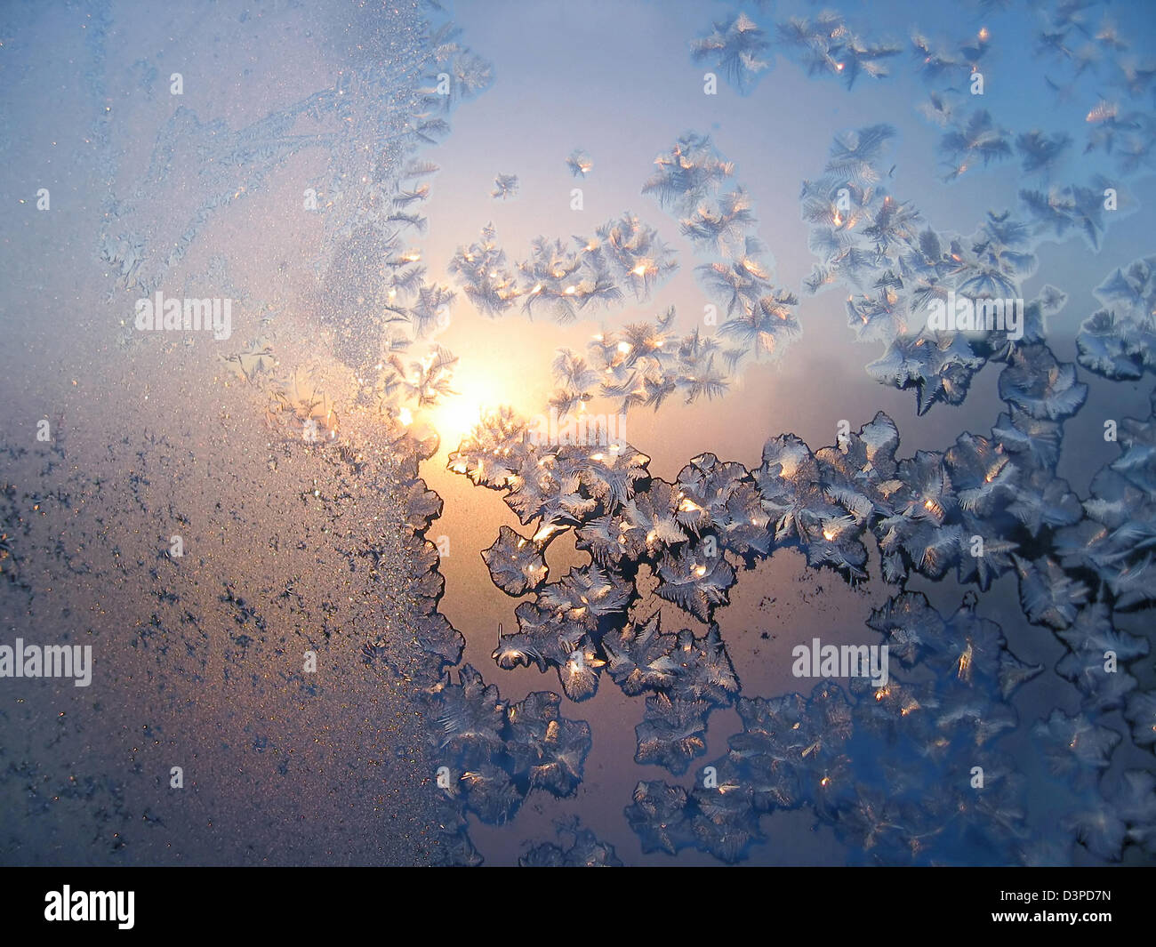 Frosty natural pattern and sun on winter glass Stock Photo - Alamy