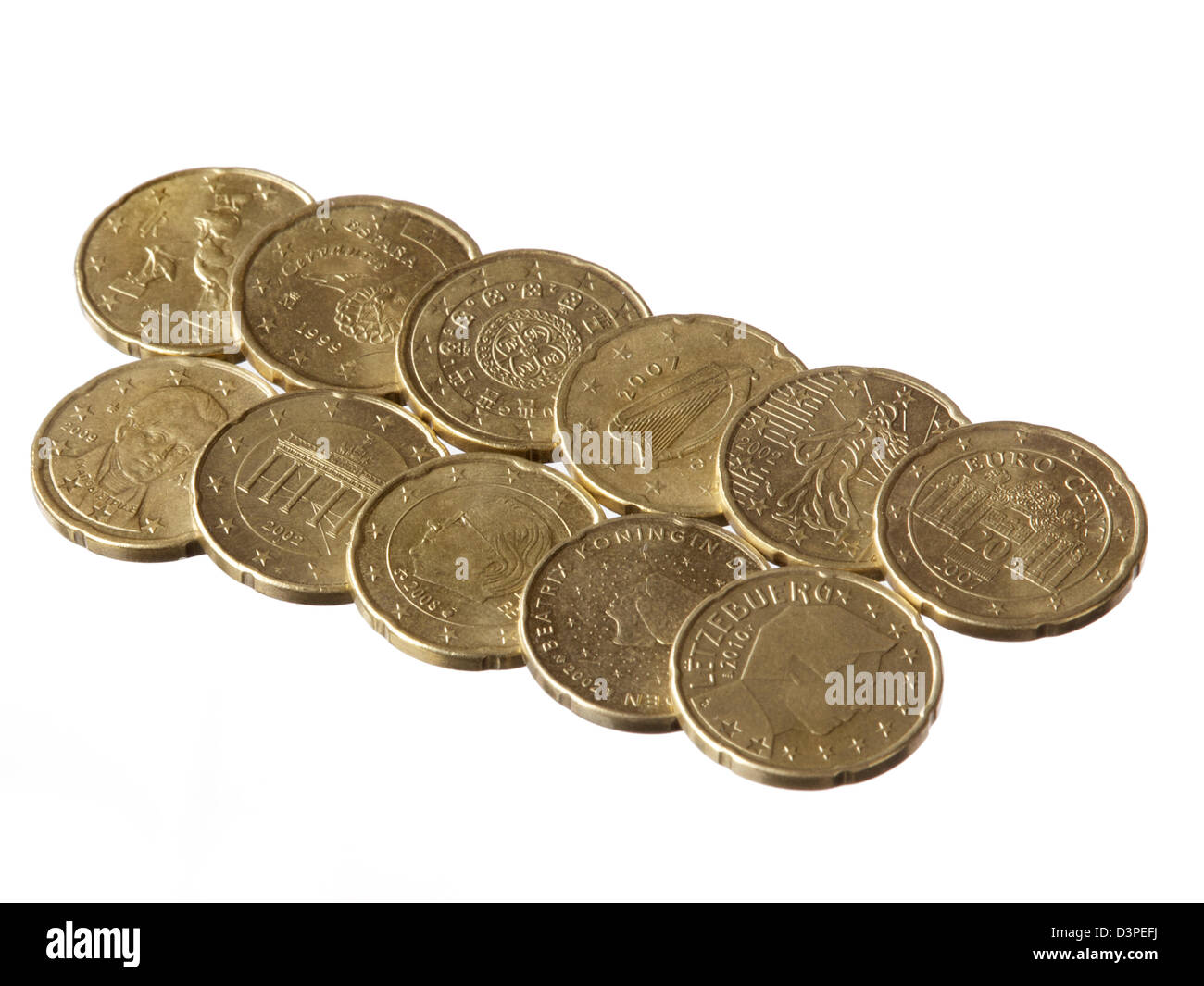 Eleven different 20 Euro cent coins on white background Stock Photo