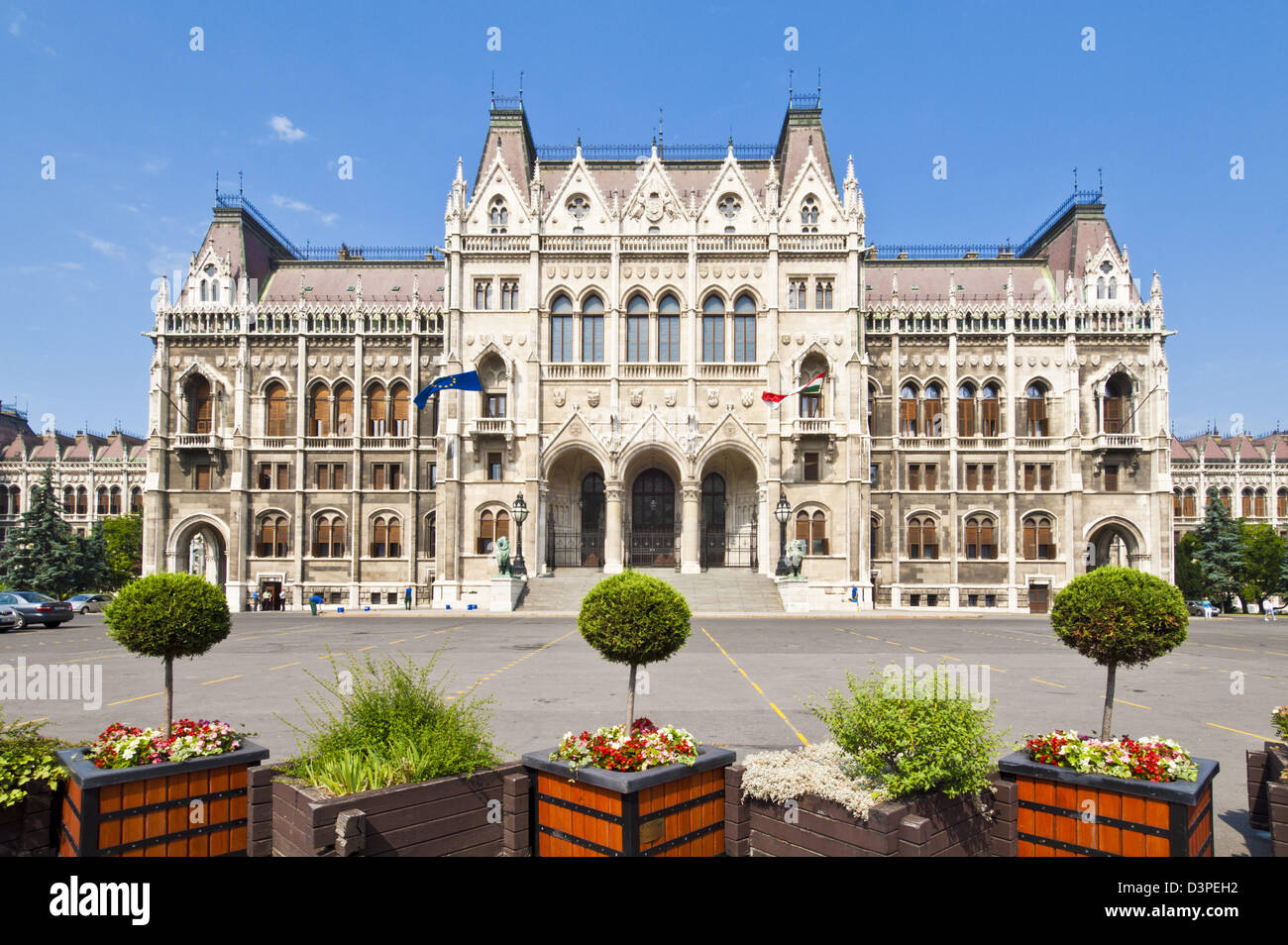 The neo-gothic Hungarian Parliament building entrance designed by Imre Steindl, Budapest, Hungary, Europe, EU Stock Photo