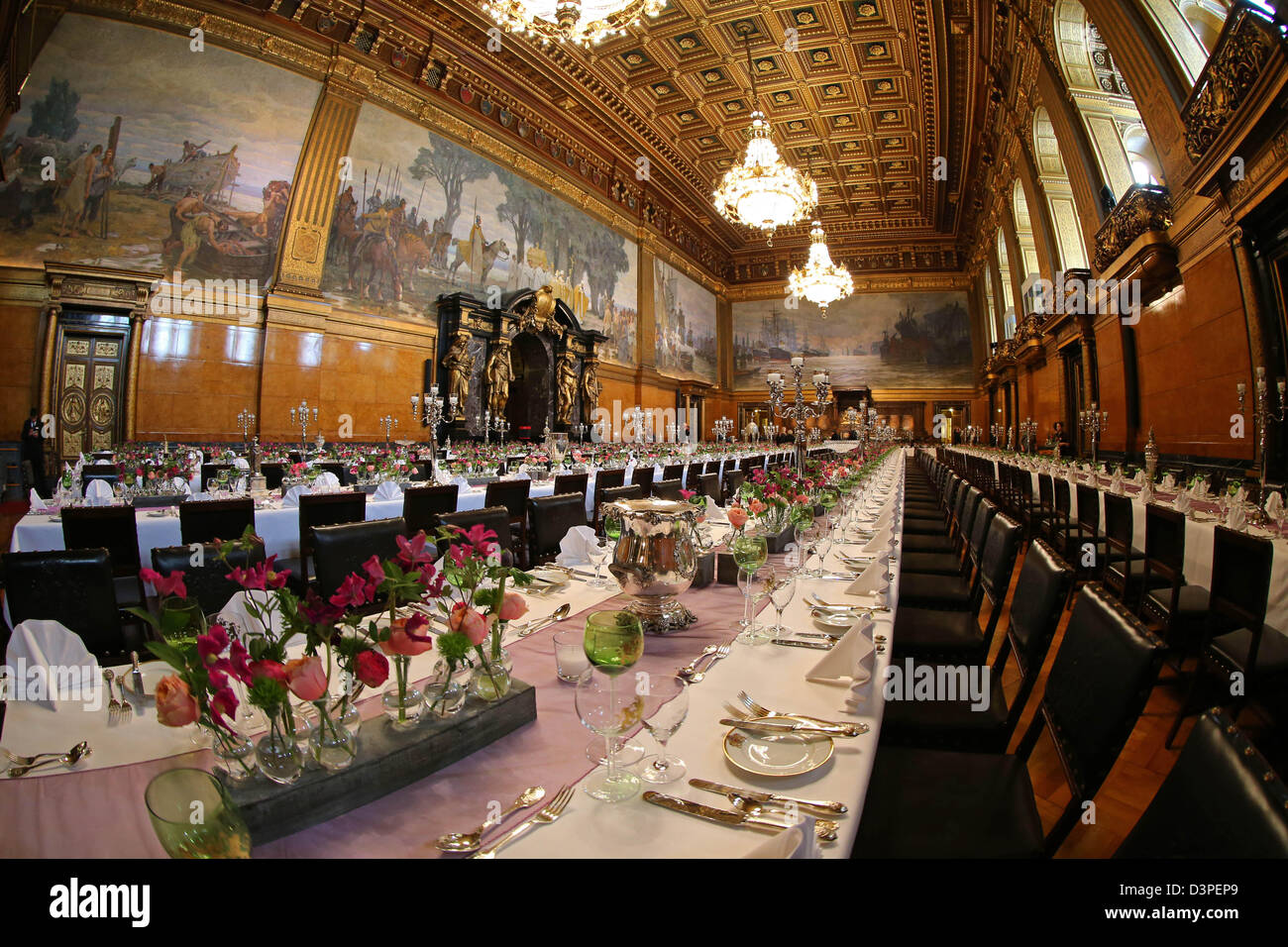 View of the festively decorated large ballroom of the city hall in Hamburg, Germany, 22 February 2013. The traditional Matthiae Feast wil ltake place at the Hamburg city hall on 22 February 2013. French Prime Minister Ayrault and journalist Wickert will be the guests on honour. Photo: Ulrich Perrey Stock Photo