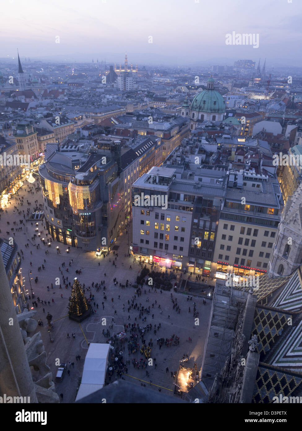 Vienna Cityscape: Stephansplatz and beyond. The view from the Stephandom steeple. The square, Rathaus and the palace. Stock Photo