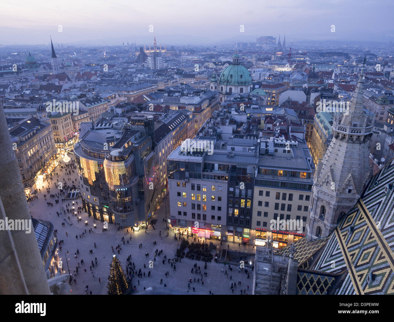 Vienna Cityscape: Stephansplatz and beyond. The view from the top of the Stephansdom steeple. Including Rathaus and the palace. Stock Photo