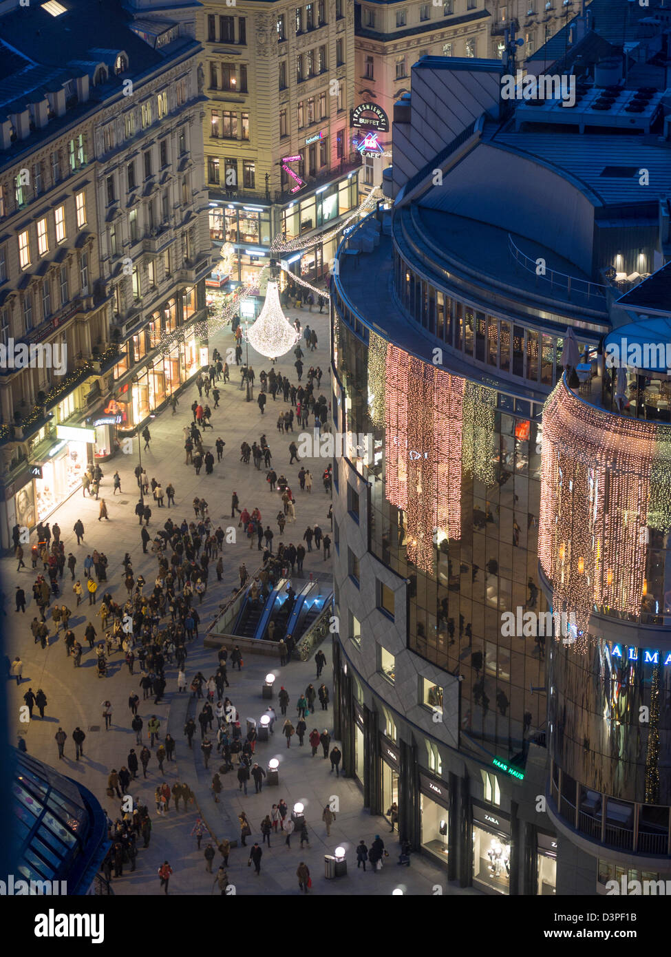 Vienna Cityscape: Stephansplatz after dark. The view from the Stephansdom steeple of the square and its Christmas tree. Stock Photo