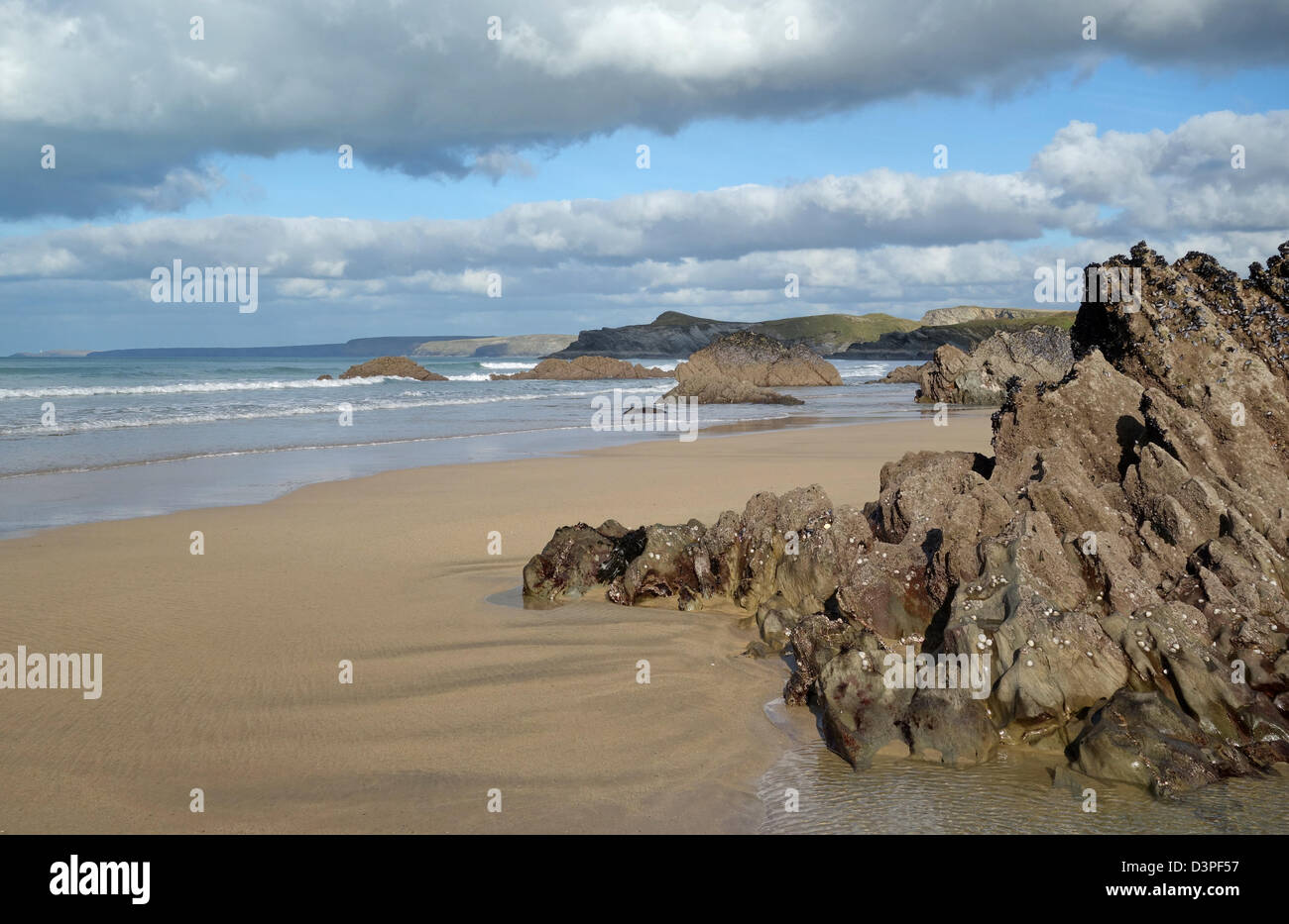 Newquay sandy beach rocks, Cornwall UK. Stock Photo