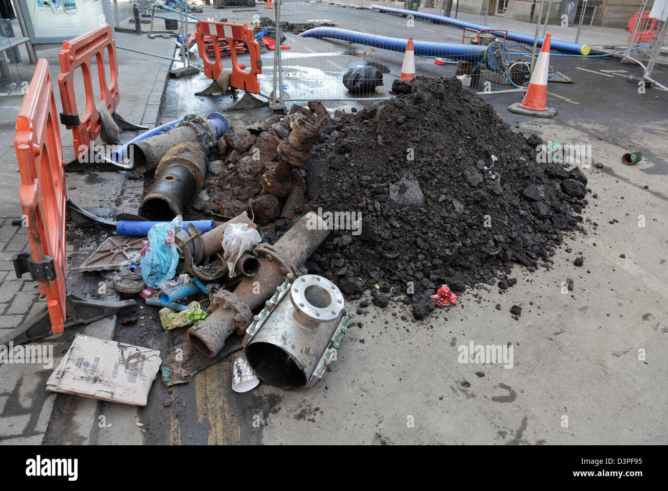 Roadworks during repairs to a water main in Glasgow city centre, Scotland, UK Stock Photo