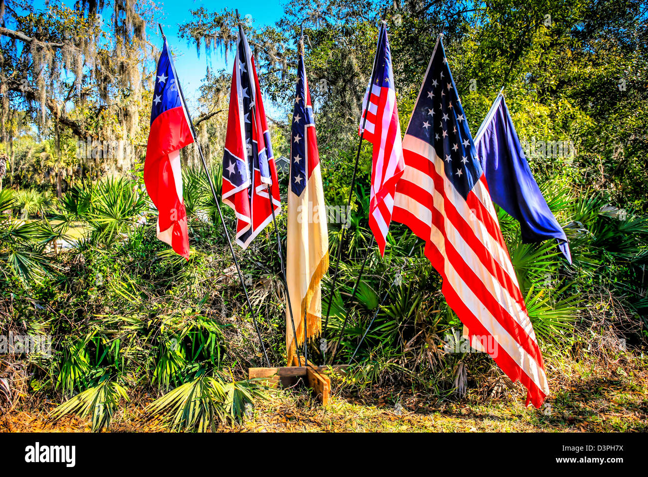 Battle flags of the American Civil War Era at a reenactment event in