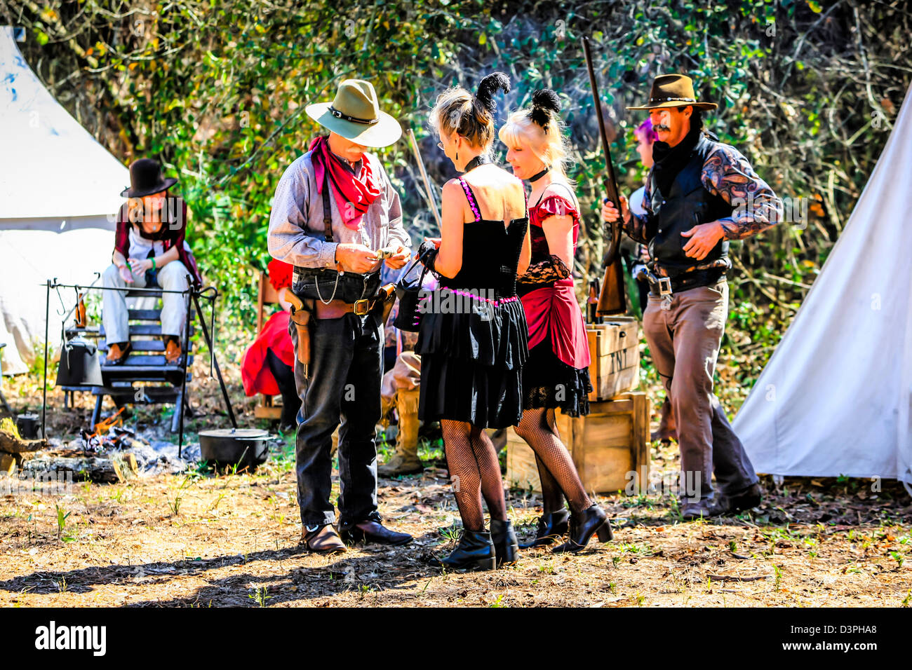 Wild West Living history actors portray hookers and cowboys at a camp