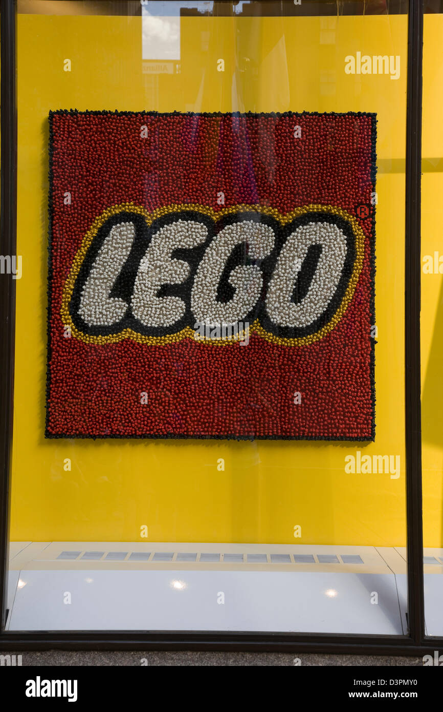Lego logo in the Lego store shop window in the Rockefellar Plaza, New York  Stock Photo - Alamy