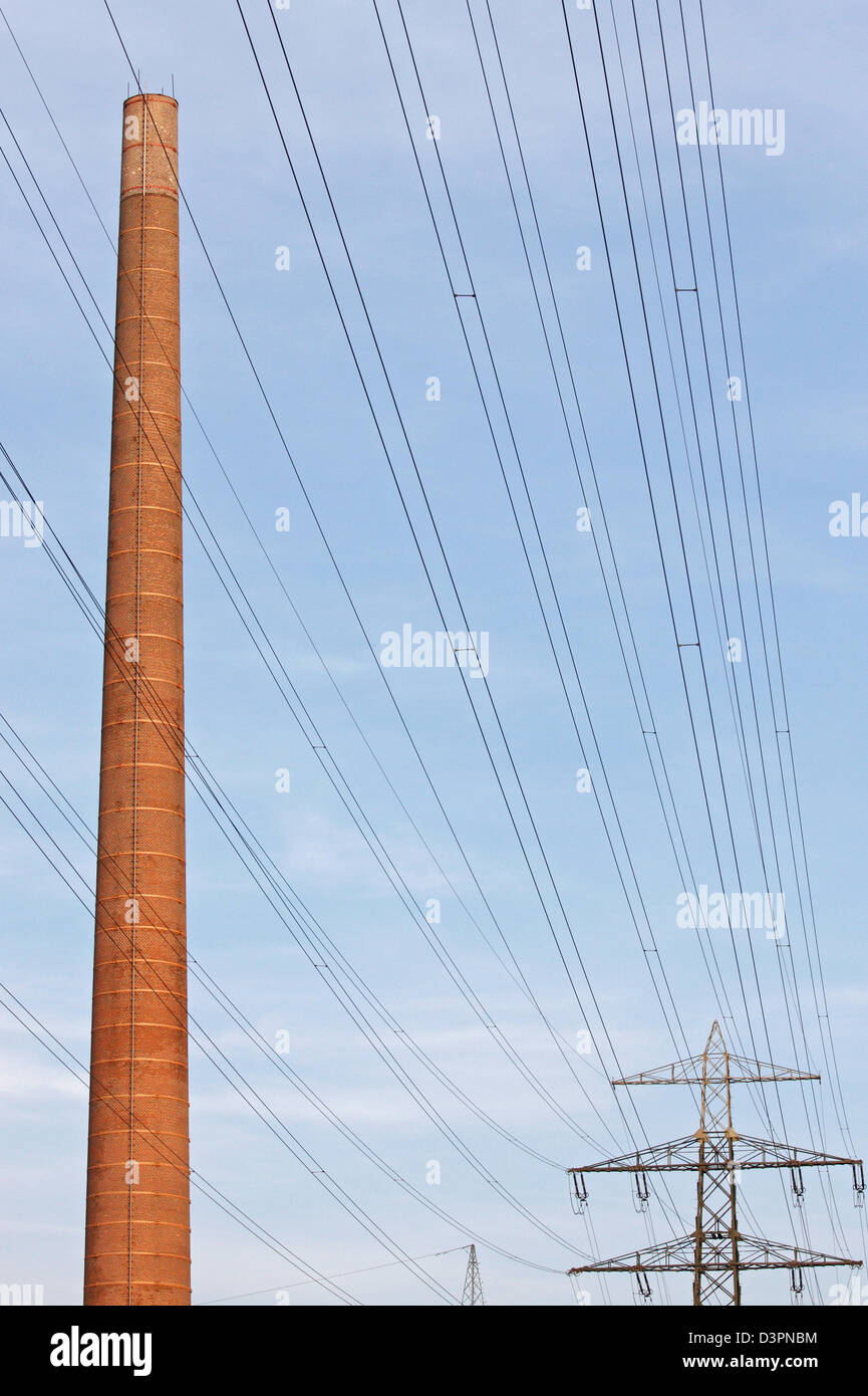 Mannheim, Germany, chimney, power pole and power lines Stock Photo
