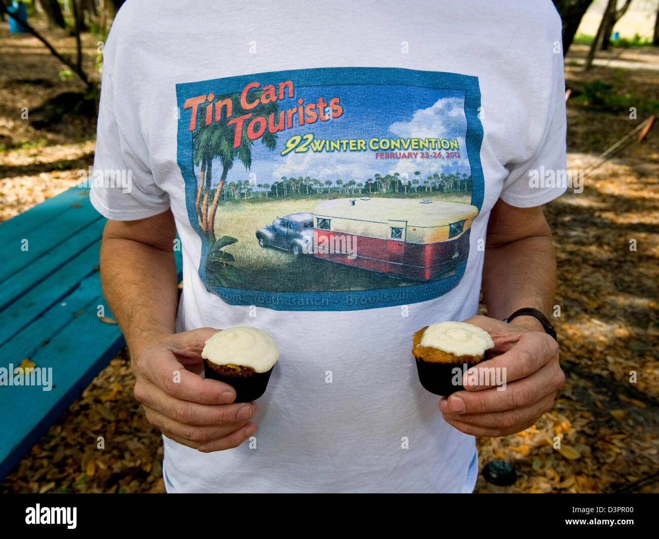 Brooksville, Florida, USA.22nd February 2013.  Alan Johnson wears last year's t shirt during the 93rd Annual Winter Convention of the Tin Can Tourists, an organization committed to the celebration of classic trailers and motor coaches.(Credit Image: Credit:  Brian Cahn/ZUMAPRESS.com/Alamy Live News) Stock Photo