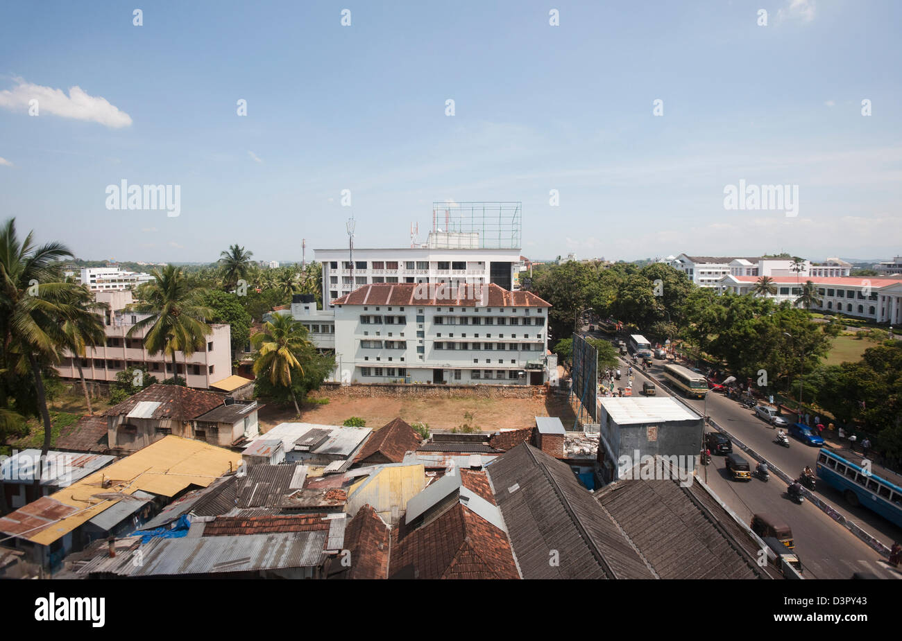 City and street viewed from the window of a building, Thiruvananthapuram, Kerala, India Stock Photo