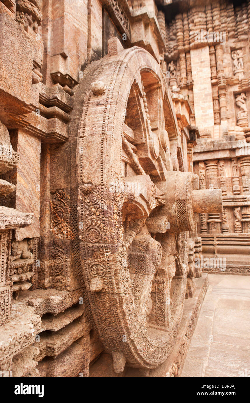 Carving details of a wheel at a temple, Konark Sun Temple, Puri, Orissa, India Stock Photo