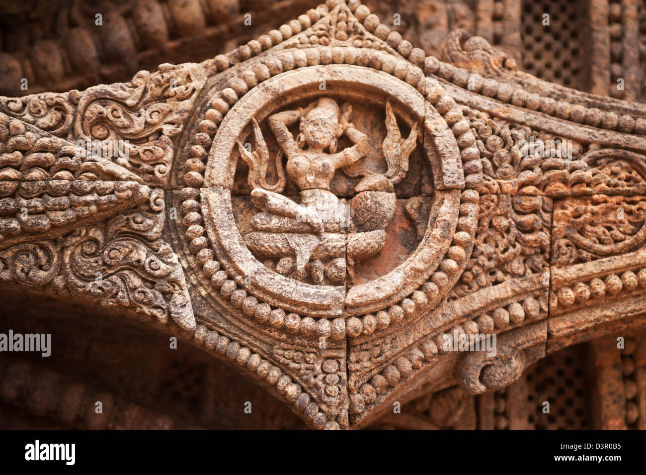 Carving details of statues at a temple, Konark Sun Temple, Puri, Orissa, India Stock Photo