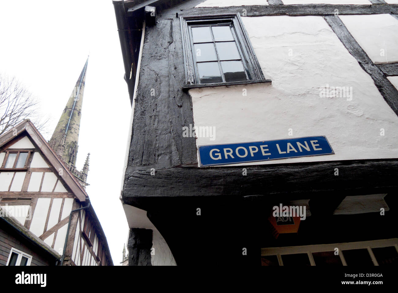 Grope Lane street sign on a medieval timber building in Shrewsbury Shropshire England UK    KATHY DEWITT Stock Photo