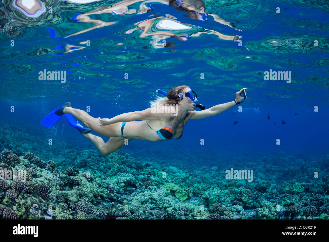 A girl (MR) free diving with a camera at Molokini Marine Preserve, Maui