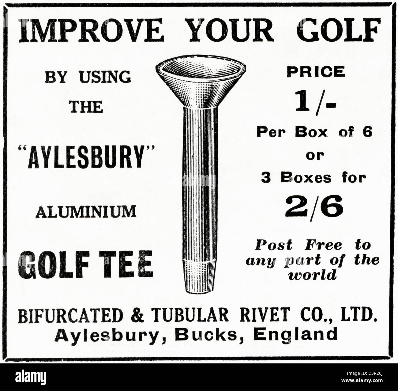 Original 1920s vintage print advertisement from English country gentleman's newspaper advertising aluminium golf tee by the Bifurcated & Tubular Rivet Co. of Aylesbury Bucks England Stock Photo