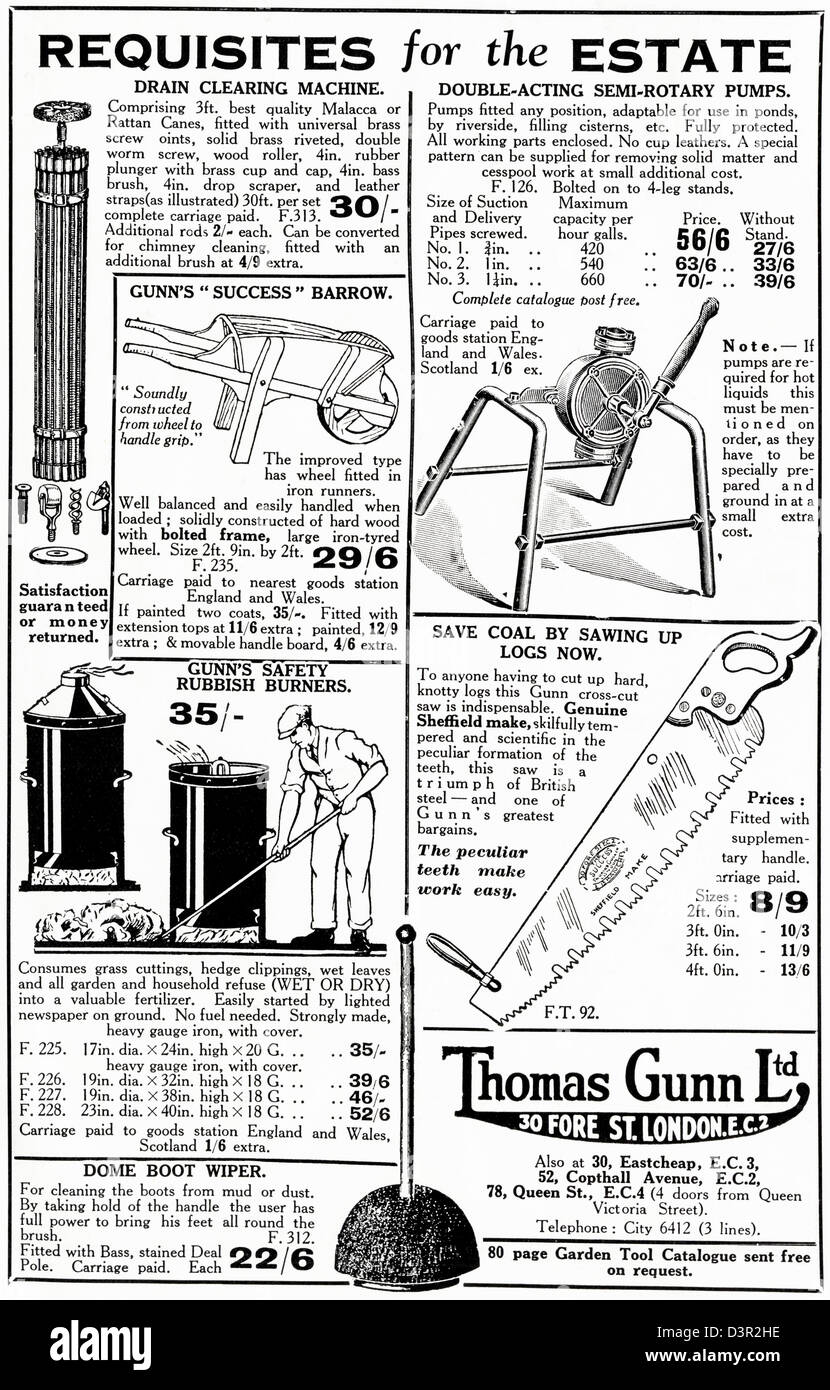 Original 1920s vintage print advertisement from English country gentleman's newspaper advertising requisites for the estate by Thomas Gunn of Fore Street London Stock Photo