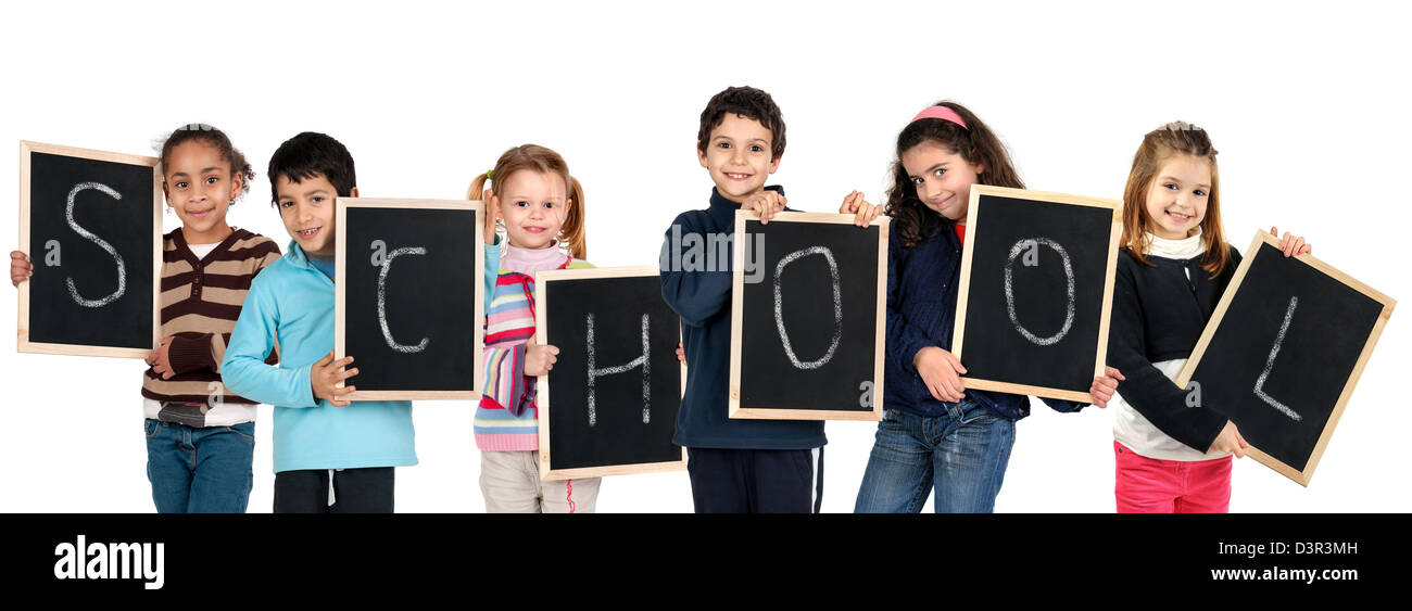 Group of children with black boards making the word 'School' isolated in white Stock Photo