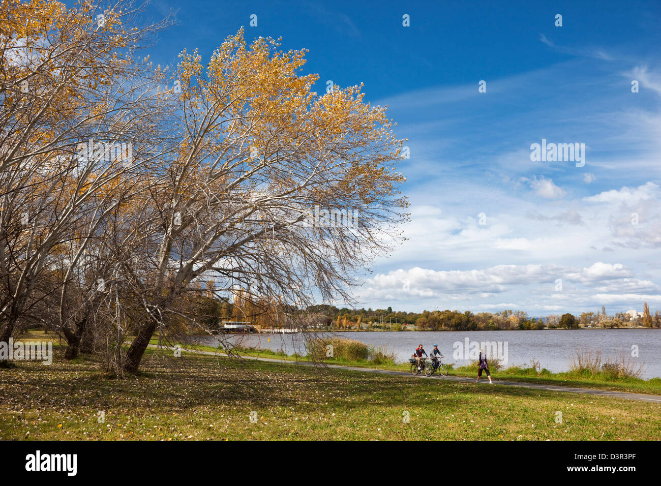 Walkers and cyclists on banks of Lake Burley Griffin. Canberra, Australian Capital Territory (ACT), Australia Stock Photo