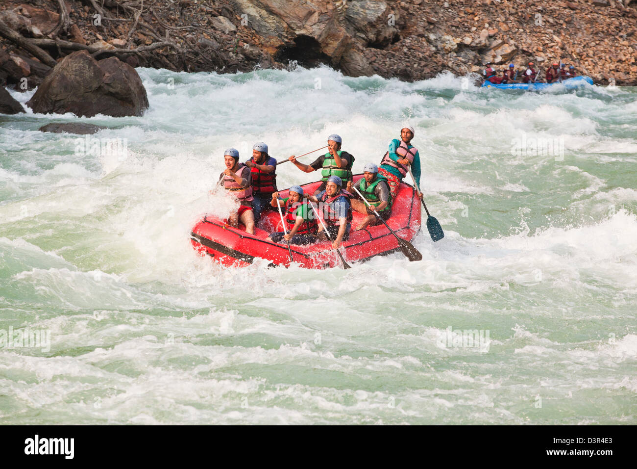 Group of people rafting in Ganges River, Rishikesh, Uttarakhand, India Stock Photo