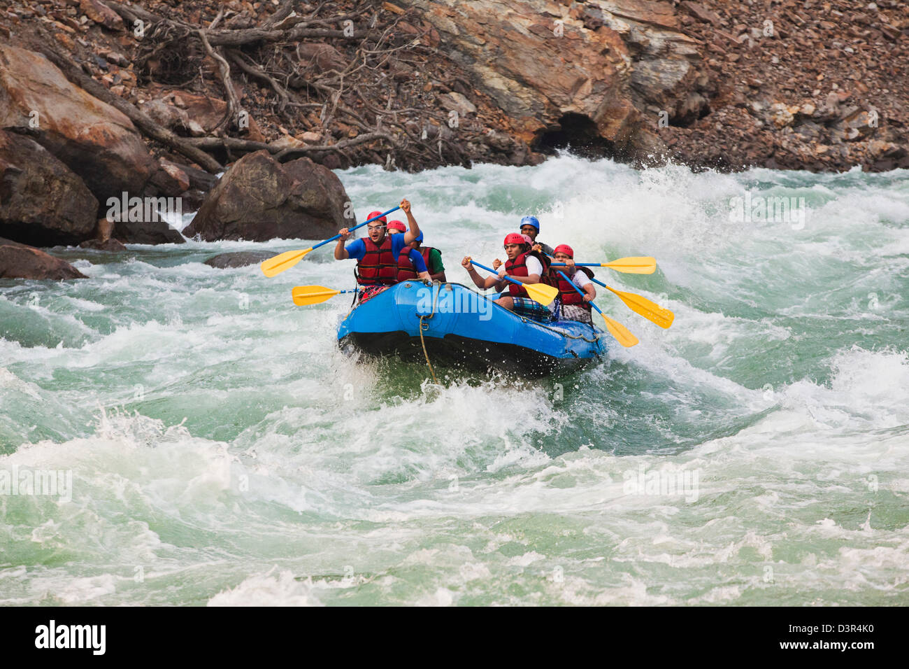 Group of people rafting in Ganges River, Rishikesh, Uttarakhand, India
