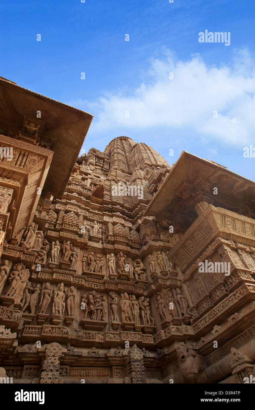 Carvings at a temple, Lakshmana Temple, Khajuraho, Chhatarpur District, Madhya Pradesh, India Stock Photo