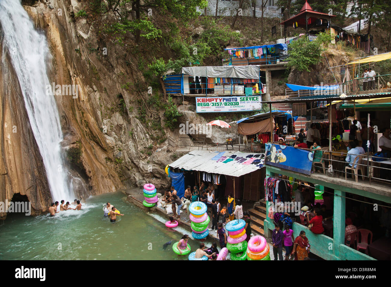 Small shops at the Kempty Falls, Mussoorie, Uttarakhand, India Stock Photo