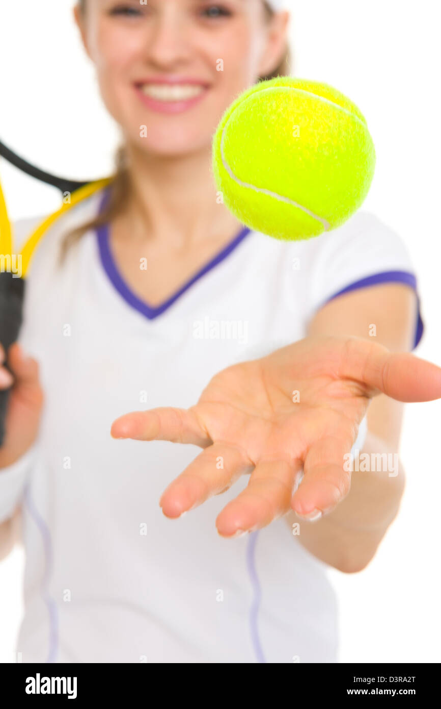 Closeup on ball throwing up in air by tennis player Stock Photo Alamy