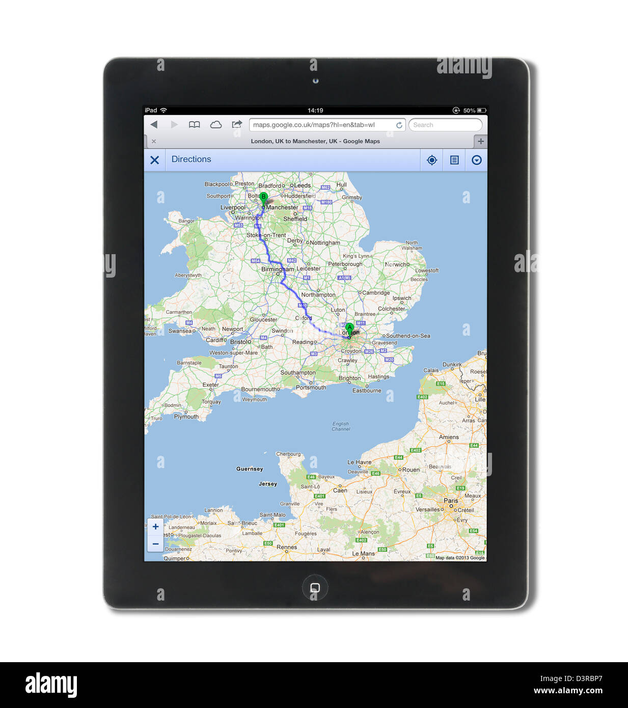 Planning a route from London to Manchester using Maps on Google.co.uk, viewed on a 4th generation iPad Stock Photo