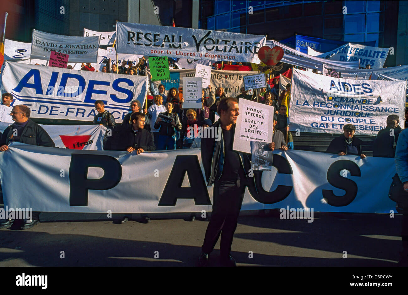 Paris, France.. gay protest vintage, Public Demonstration, French Gays, LGBT Groups Protesting, Holding Banners and Signs, for Partnership Contract, CUS / PACS (Pre-Gay Mar-riage) discrimination Stock Photo