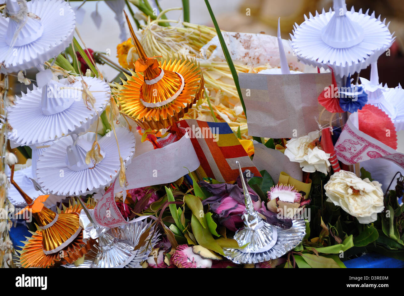 Floral Offerings at the Shwedagon Temple, Yangon, Myanmar Stock Photo