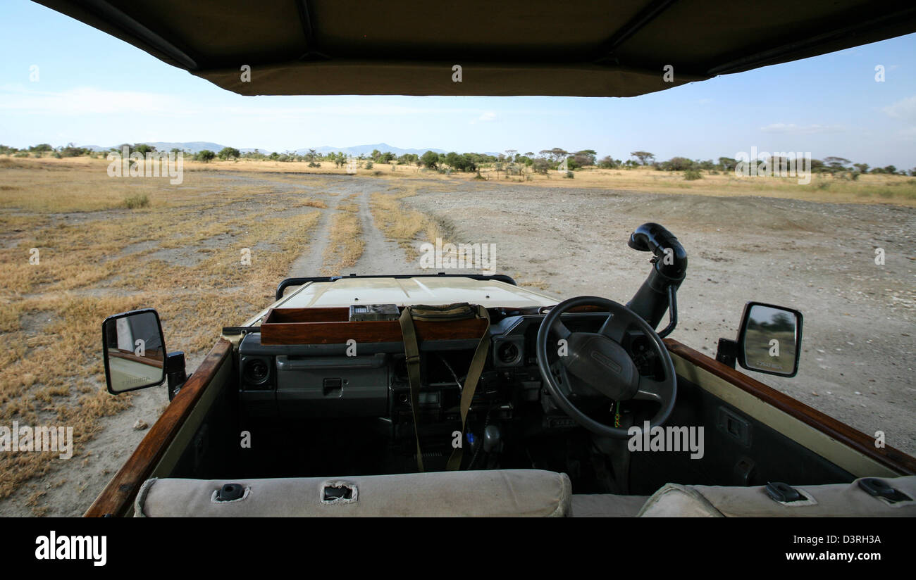 View from the interior of a safari camp car. Tanzania Stock Photo