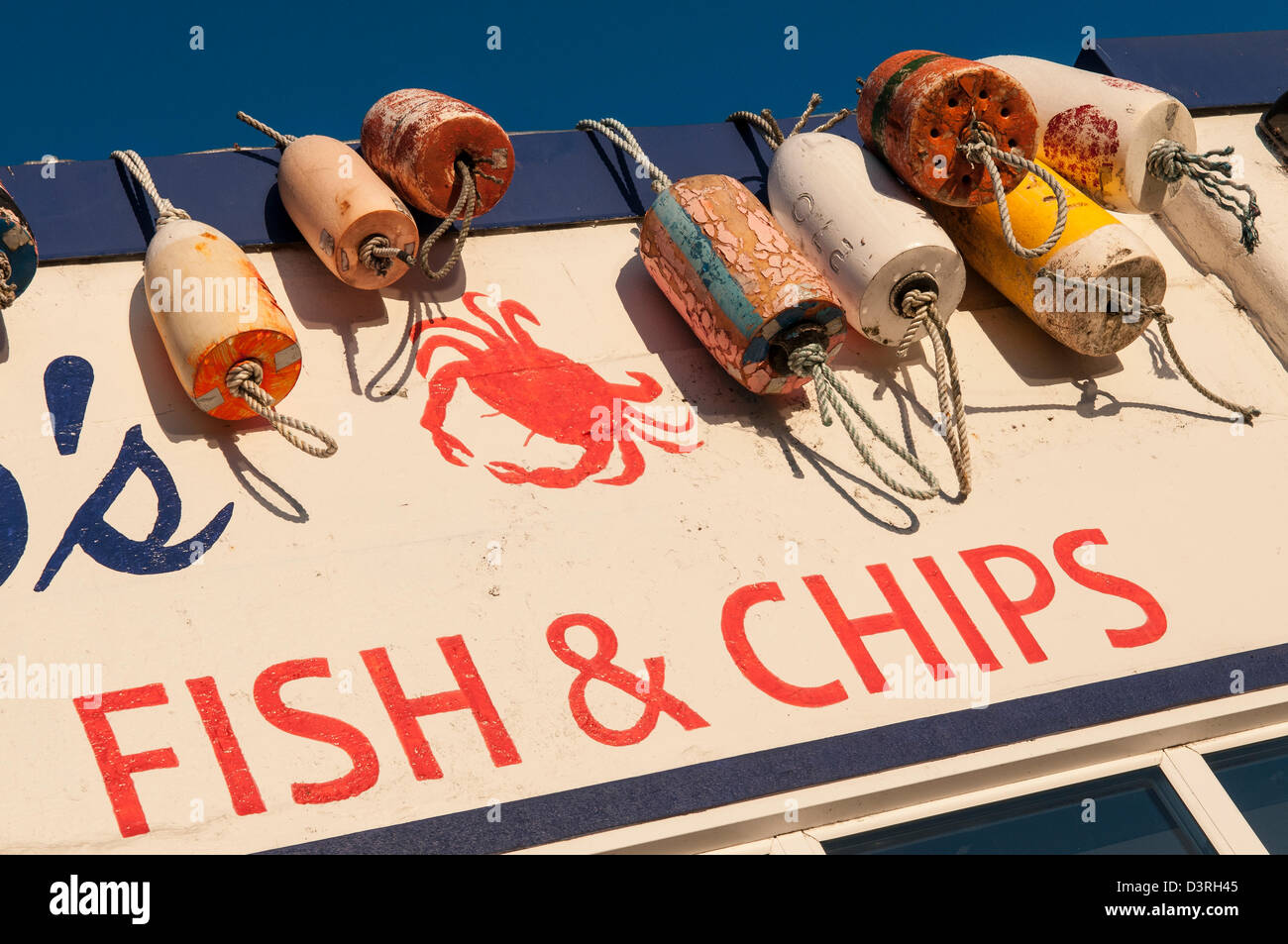 Fish & Chips sign at Gino's restaurant in Newport on the central Oregon Coast. Stock Photo