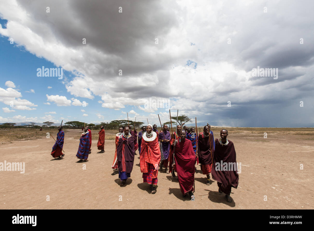 A Masai tribe dances in traditional wear and adornments. Tanzania Stock Photo