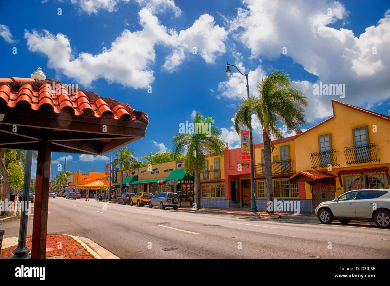 SW 8th Street, Calle Ocho between 16 & 17 avenue in middle of Little Havana with  colorful shops restaurants art galleries Stock Photo