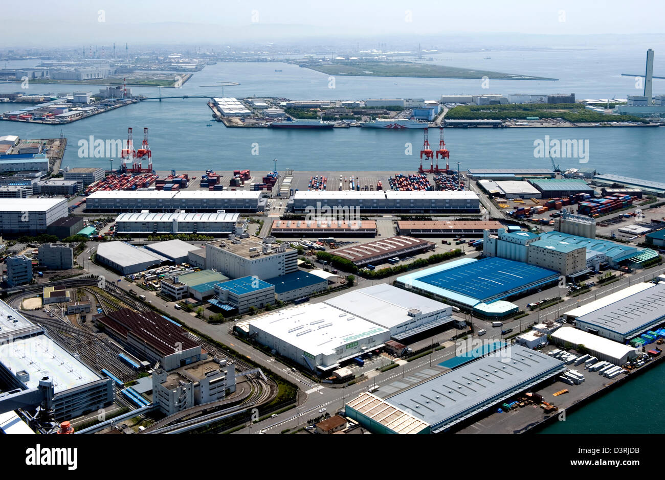 Aerial view of Osaka's Sakishima Nanko Island harbor with container shipping port in the Foreign Access Zone (FAZ). Stock Photo
