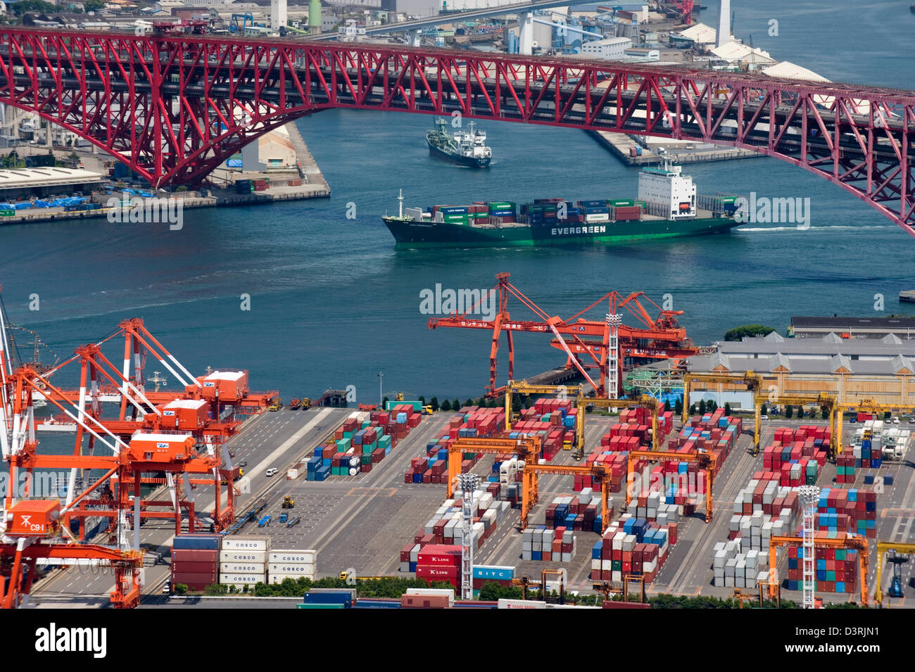 Aerial view of Osaka Sakishima Nanko Island harbor with container shipping port and cargo freighter in Foreign Access Zone (FAZ) Stock Photo