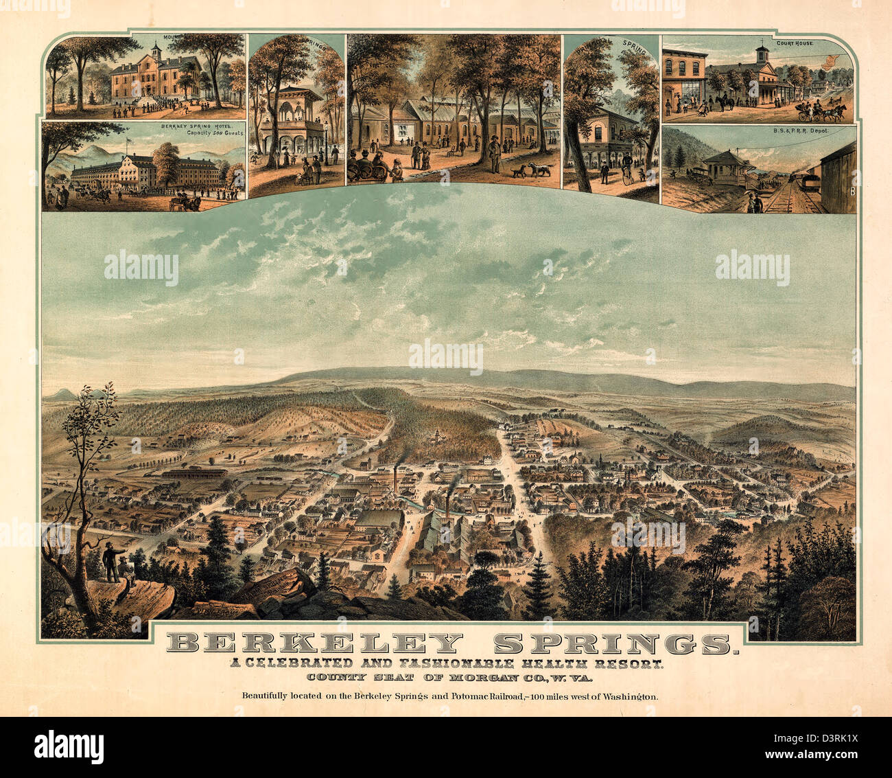 MAP  Berkeley Springs, a celebrated and fashionable health resort, county seat of Morgan Co., West Virginia Stock Photo