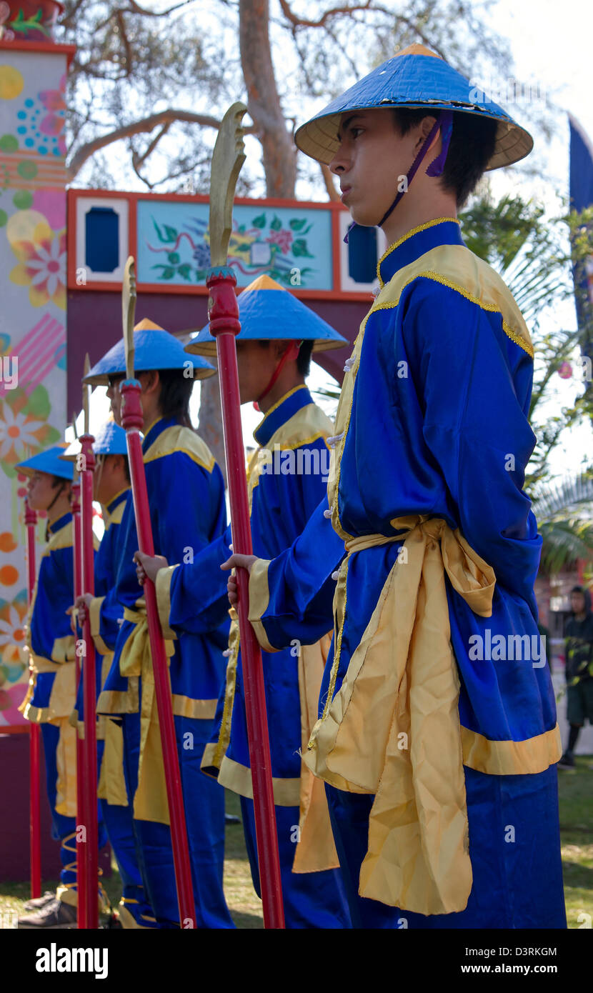 Role players dressed as Emperor Quang Trung's soldiers during Tet festival Stock Photo