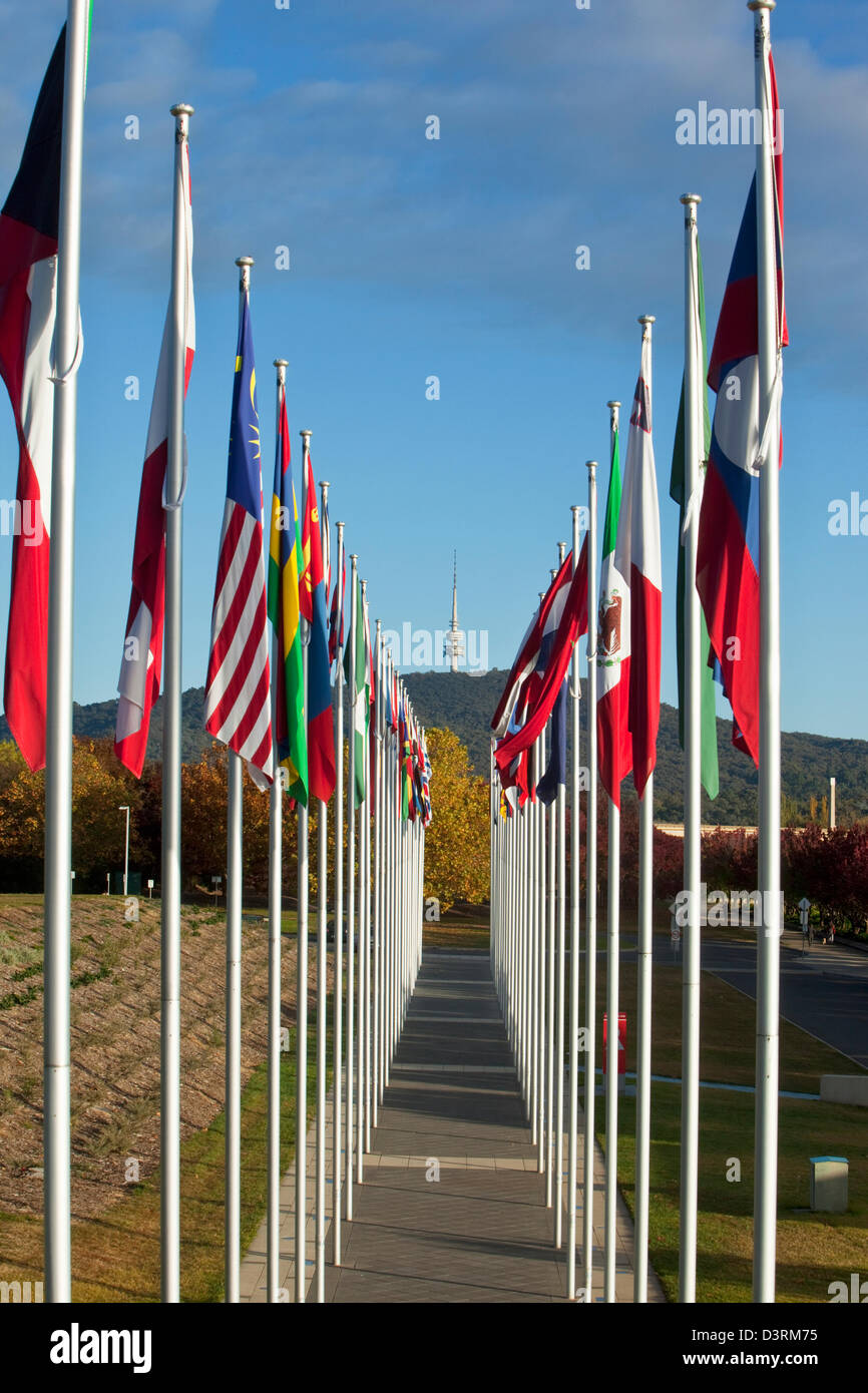 View along international flag display at Commonwealth Place.  Canberra, Australian Capital Territory (ACT), Australia Stock Photo