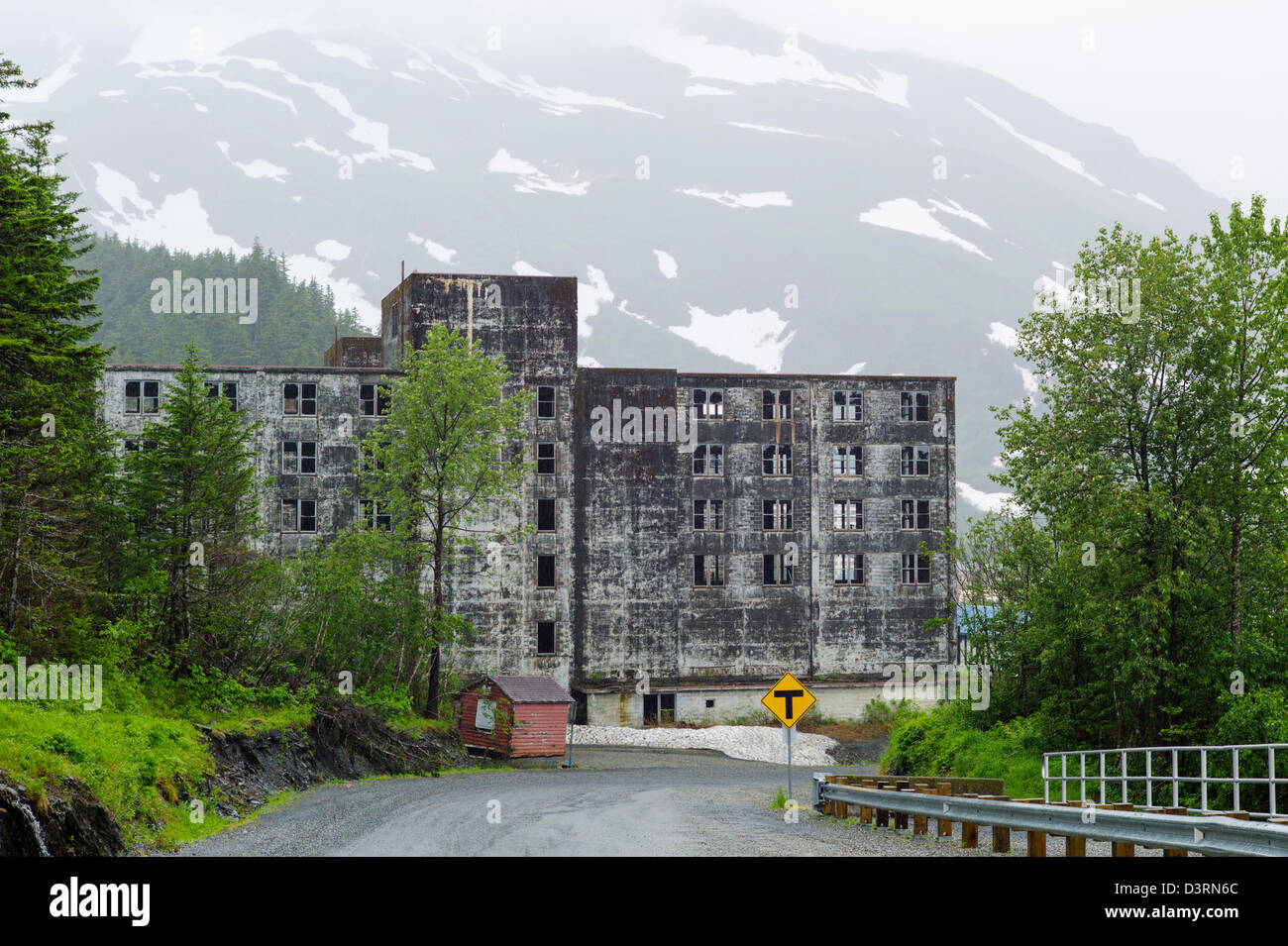 Historic Buckner Building, once the largest building in Alaska, Whittier, Alaska, USA.  Now abandoned, full of asbestos. Stock Photo