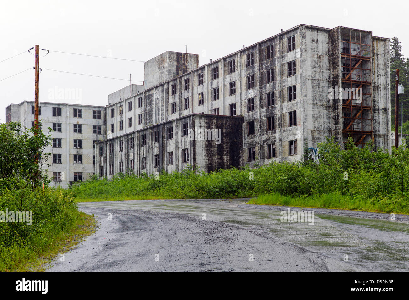 Historic Buckner Building, once the largest building in Alaska, Whittier, Alaska, USA.  Now abandoned, full of asbestos. Stock Photo