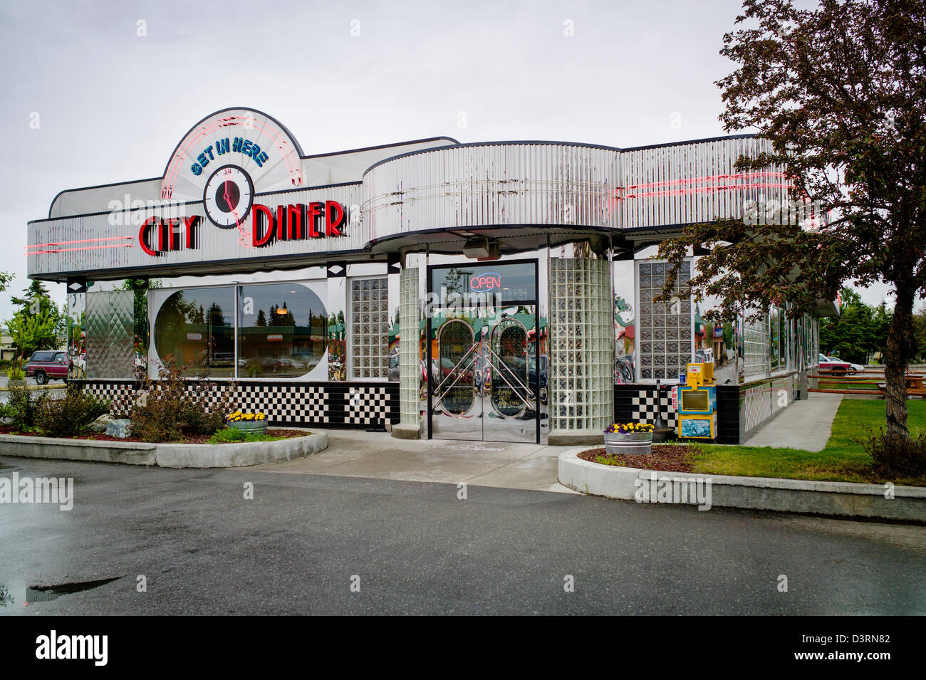 Exterior view of retro design stainless steel City Diner, Anchorage