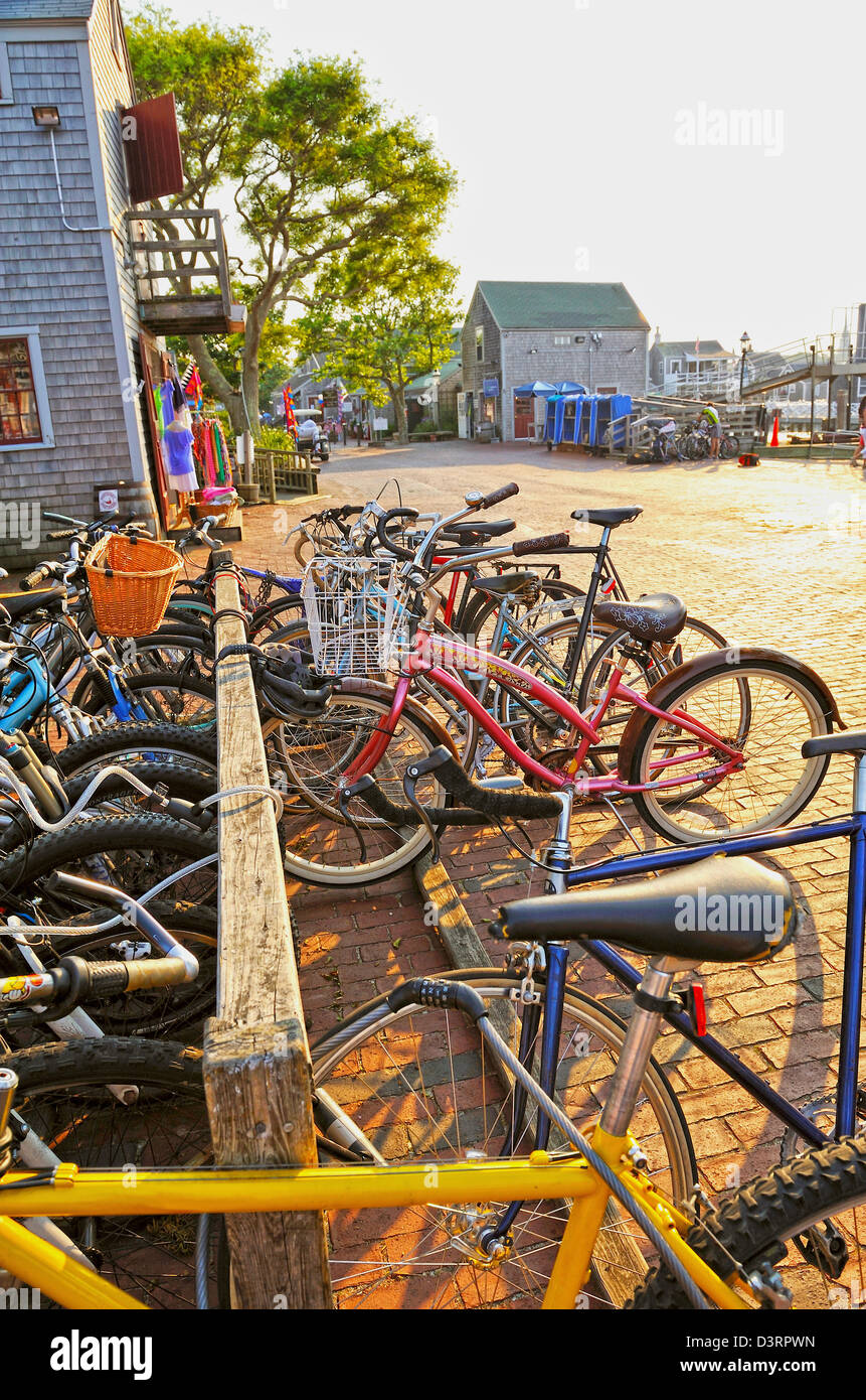 Bikes parked in town, Nantucket Island, MA Stock Photo